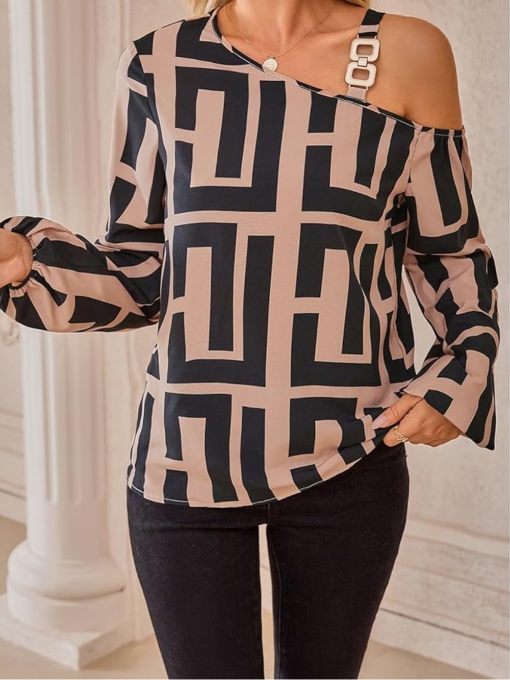 SHEIN Geometric One-Shoulder Blouse in Beige and Black